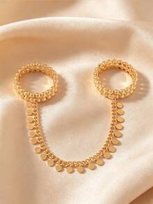 1pc 18K Gold-Plated Beaded Tassel Disc Chain Ring, Women's Jewelry For Parties And Daily Wear. Perfect For Wedding Or Ramadan Gifts - Gold - View 1