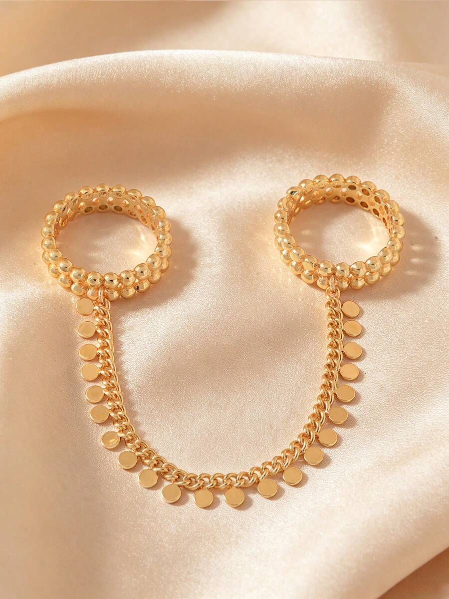 1pc 18K Gold-Plated Beaded Tassel Disc Chain Ring, Women's Jewelry For Parties And Daily Wear. Perfect For Wedding Or Ramadan Gifts - Gold - View 1