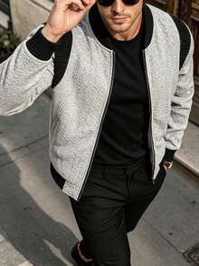 Men's Spring/Autumn Ribbed Patchwork Textured Jacquard Baseball Collar Zip-Up Sweatshirt, Casual Versatile - Grey - View 2