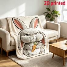 1pc Cute Angry Rabbit Flannel Blanket, Super Soft Flannel Throw, Office Nap Sofa Cover, Cartoon Animal Theme Air Conditioning Blanket - Multicolor - View 5
