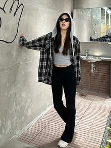 Retro Hoodie Plaid Shirt For Women, New Loose Casual Style Blazer, Suitable For Petite, Spring/Autumn Vacation - Navy Blue - View 8