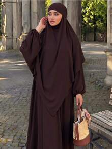 Muslim Abaya Set, Solid Black Textured Long Sleeve Maxi Inner Dress & Asymmetrical Hem Open Outerwear, Modest Dubai Islamic Robe For Women - Coffee Brown - View 4
