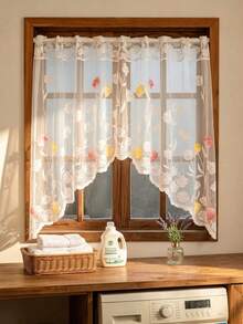 1pc Coffee Curtain Embroidered Tulip Floral Semi-Sheer Lace Layered Window Curtain, Suitable For Kitchen Window, Small Window Decor Valance, Bathroom And Cafe, Farmhouse Country Style Rod Pocket Short Curtain - Multiple Styles - View 9