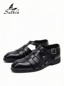 Salkin 新款复古罗马风格男士凉鞋，镂空系带一脚蹬，舒适透气纯色鞋面，加大码男鞋，品牌品质实惠防滑橡胶厚底，适合中年、青年、学生、聚会、度假、夏季休闲散步，尺码偏大，请选择小一码 - 黑色 - 查看 1