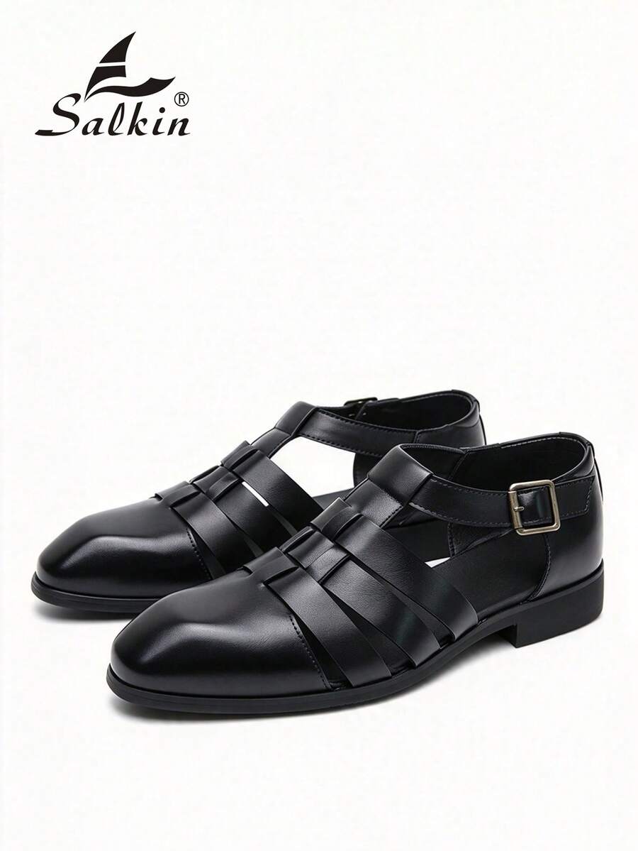 Salkin 新款复古罗马风格男士凉鞋,镂空系带一脚蹬,舒适透气纯色鞋面,加大码男鞋,品牌品质实惠防滑橡胶厚底,适合中年、青年、学生、聚会、度假、夏季休闲散步,尺码偏大,请选择小一码 - 黑色 - 查看 1
