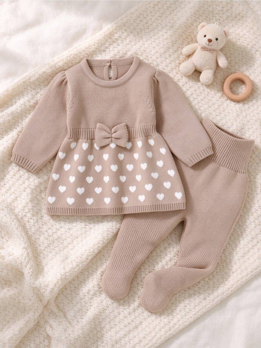 2pcs Infant Khaki Sweater Set: Round Neck Long Sleeve Heart Jacquard Sweater + Butterfly Decor Dress With Attached Tights, Sweet Newborn Outfit - Khaki - View 1