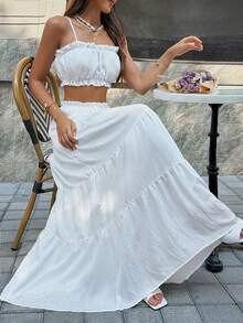 Vellofy Women's Autumn/Winter White Ruffle Camisole Top + Layered Long Skirt Two Pieces Set, Elastic Waist Home Casual Daily Date Party Outfit - White - View 3