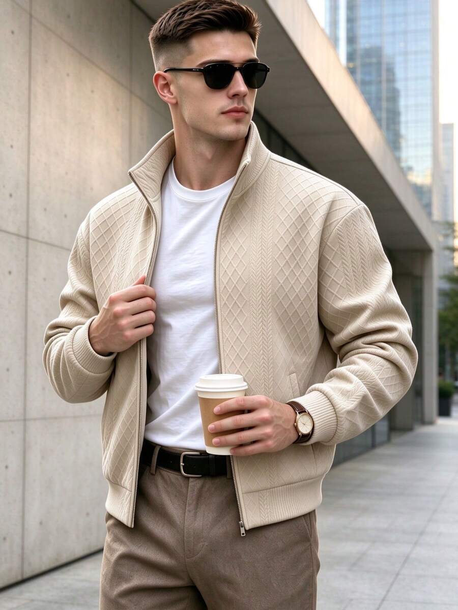 Men's Textured Stand Collar Argyle Thermal Lined Thick Loose Sweatshirt - Khaki - View 1