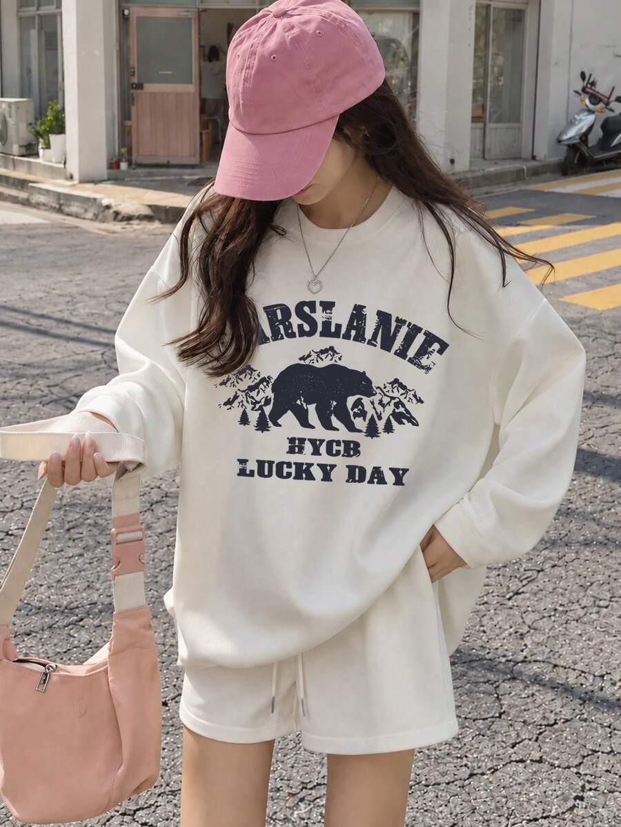 Women's Spring/Autumn Loose Fit Versatile Round Neck Fashion Casual Letter & Bear Print Long Sleeve T-Shirt Vacation - White - View 1
