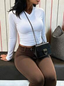 Women's White Long Sleeve Knit Top V-Neck Regular Fit Basic Casual Fabric - White - View 3