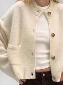春季輕量純色針織羅紋前開扣口袋開襟外套，適合辦公室、居家與日常穿著 - 香檳色 - 查看 1