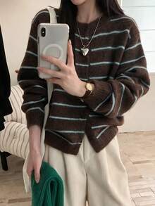 Women's Round Neck Striped Fuzzy Knit Cardigan, Long Sleeve Button Front Casual Short Sweater Jacket, Suitable For Autumn/Winter Daily Wear - Coffee Brown - View 1