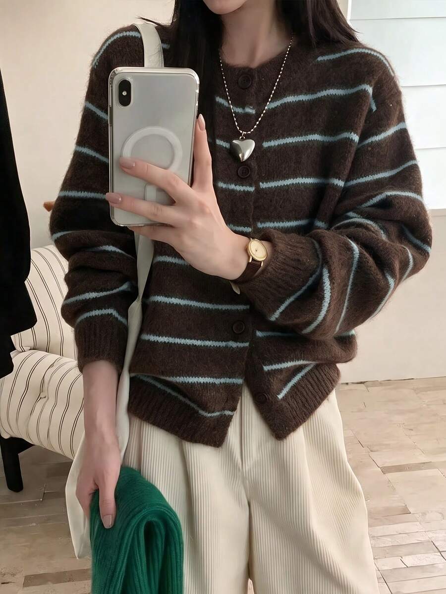 Women's Round Neck Striped Fuzzy Knit Cardigan, Long Sleeve Button Front Casual Short Sweater Jacket, Suitable For Autumn/Winter Daily Wear - Coffee Brown - View 1