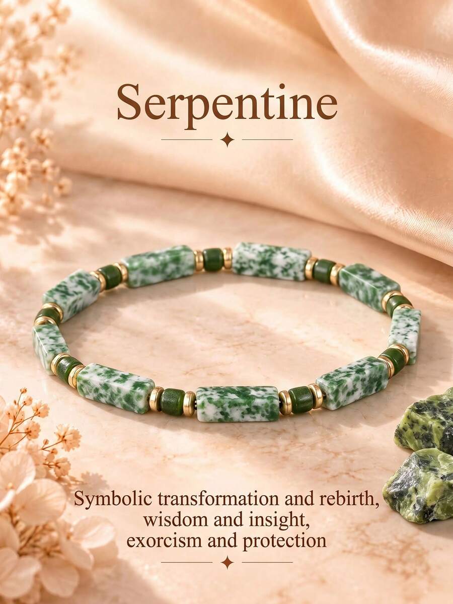 Casual Style 5mm Snake Stone Tube Bead Bracelet, Symbolizing Transformation And Renewal, Wisdom And Insight, Warding Off Evil And Protection, Handmade Elastic Cord Spiritual Jewelry, Suitable For Daily Wear - Green - View 1