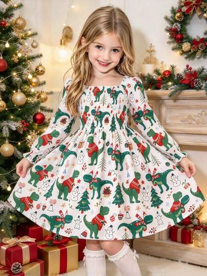 Young Girls Long Sleeve French Sweet Style Ditsy Floral Dress, Pink All-Over Colorful Butterfly Square Neck Ruffle Petal Sleeve Cinched Waist Princess Dress For Outings, Christmas, Holidays, Spring And Autumn