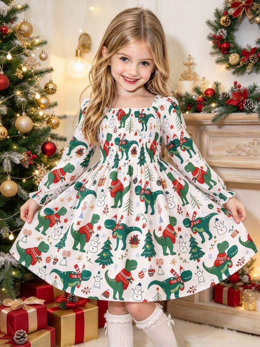 Young Girls Long Sleeve French Sweet Style Ditsy Floral Dress, Pink All-Over Colorful Butterfly Square Neck Ruffle Petal Sleeve Cinched Waist Princess Dress For Outings, Christmas, Holidays, Spring And Autumn - Multicolor - View 1