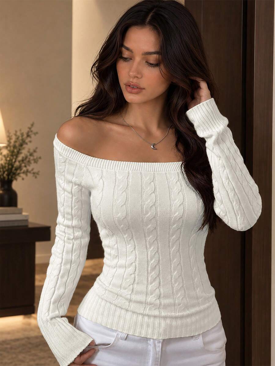 Yuwenier Elegant Casual Cold Shoulder Cable Knit Top, Long Sleeve Slim Fit Ribbed Hem Sweater, Autumn/Winter Commute Daily Wear - Beige - View 1