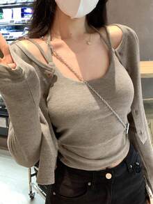 Vintage Soft Style Knit Short Cardigan & Camisole Set For Women - Khaki - View 4
