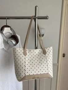 Tas Tote Gaya Korea Minimalis Motif Polkadot Tekstur Leci, Tas Bahu Serbaguna dan Lucu untuk Wanita dan Pelajar - Krem - View 11