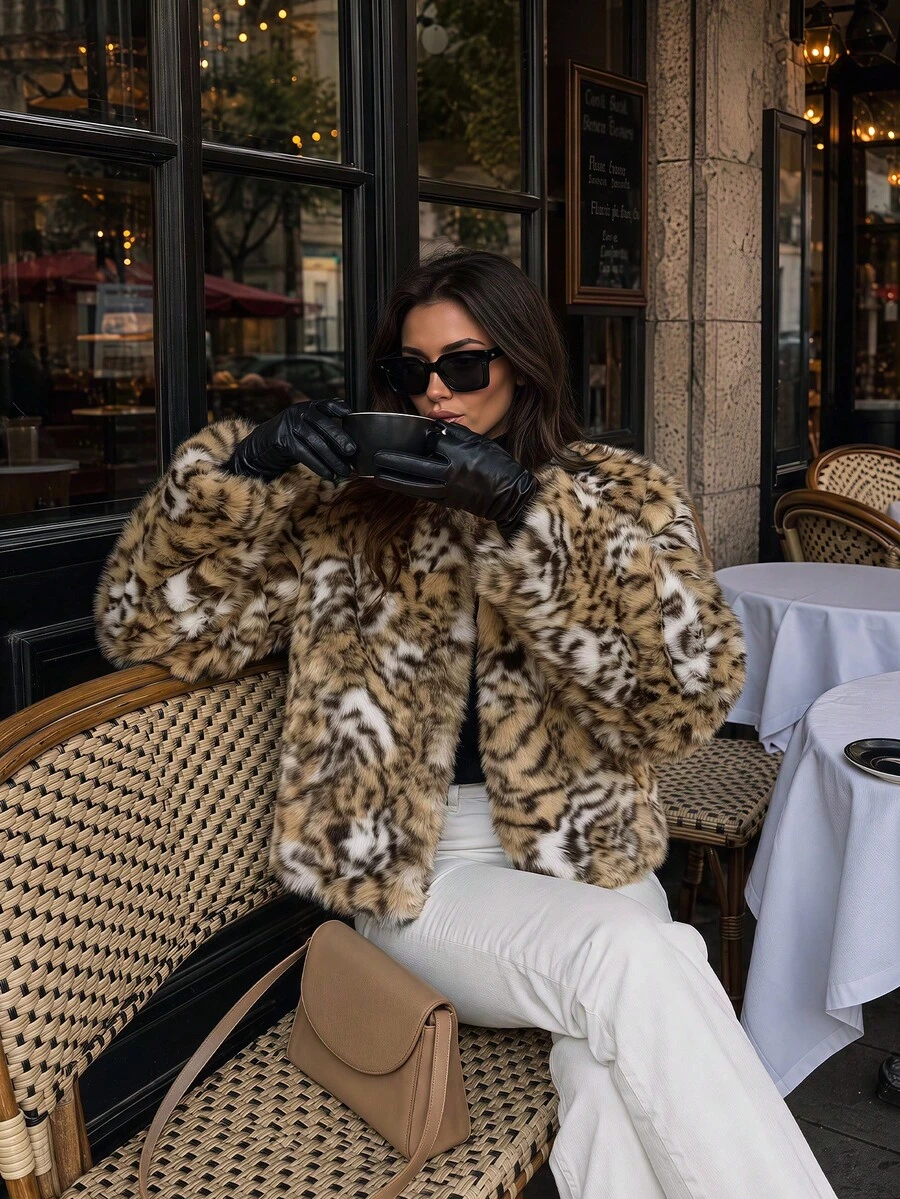 Women Fall Elegant Casual Vintage Leopard Print Faux Fur Long Sleeve Short Jacket For Daily Going Out Vacation Party - Brown - View 1