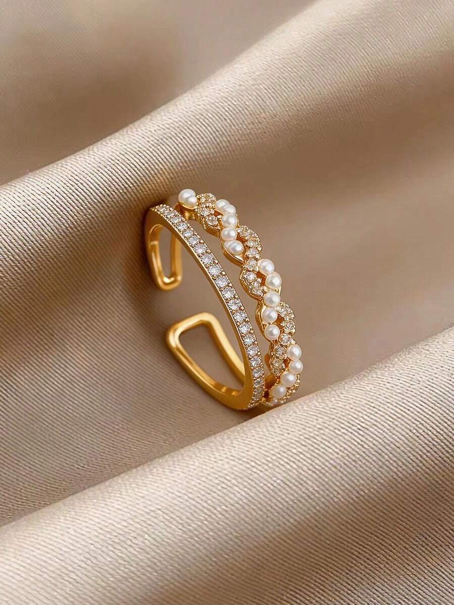 1pc Copper Double-Layer Faux Pearl Twisted Hollow Open Ring, Design Sense, Gentle Atmosphere, Minimalist Versatile Index Finger Ring, Suitable For Women's Daily, Holiday, Date Wear - Gold - View 1
