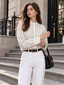 Women's Striped Front Button Shirt, Casual Daily Wear, Spring/Autumn New Loose Versatile Elegant Blouse - Off-white Stripes - View 6
