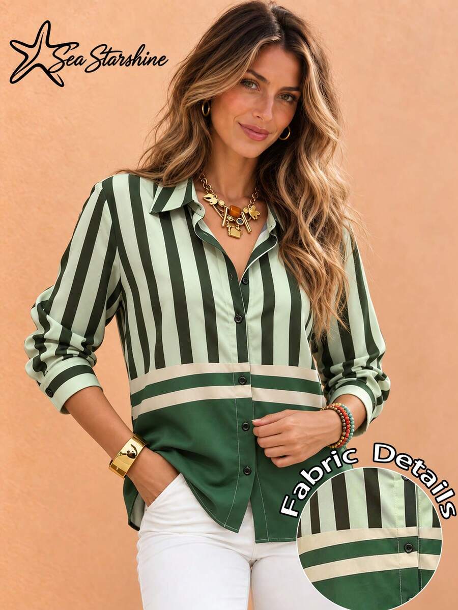 Sea Starshine: New Casual Minimalist Elegant Women's Blouse, Contrast Stripe Design, Suitable For Afternoon Tea And Beach Vacation - Multicolor - View 1