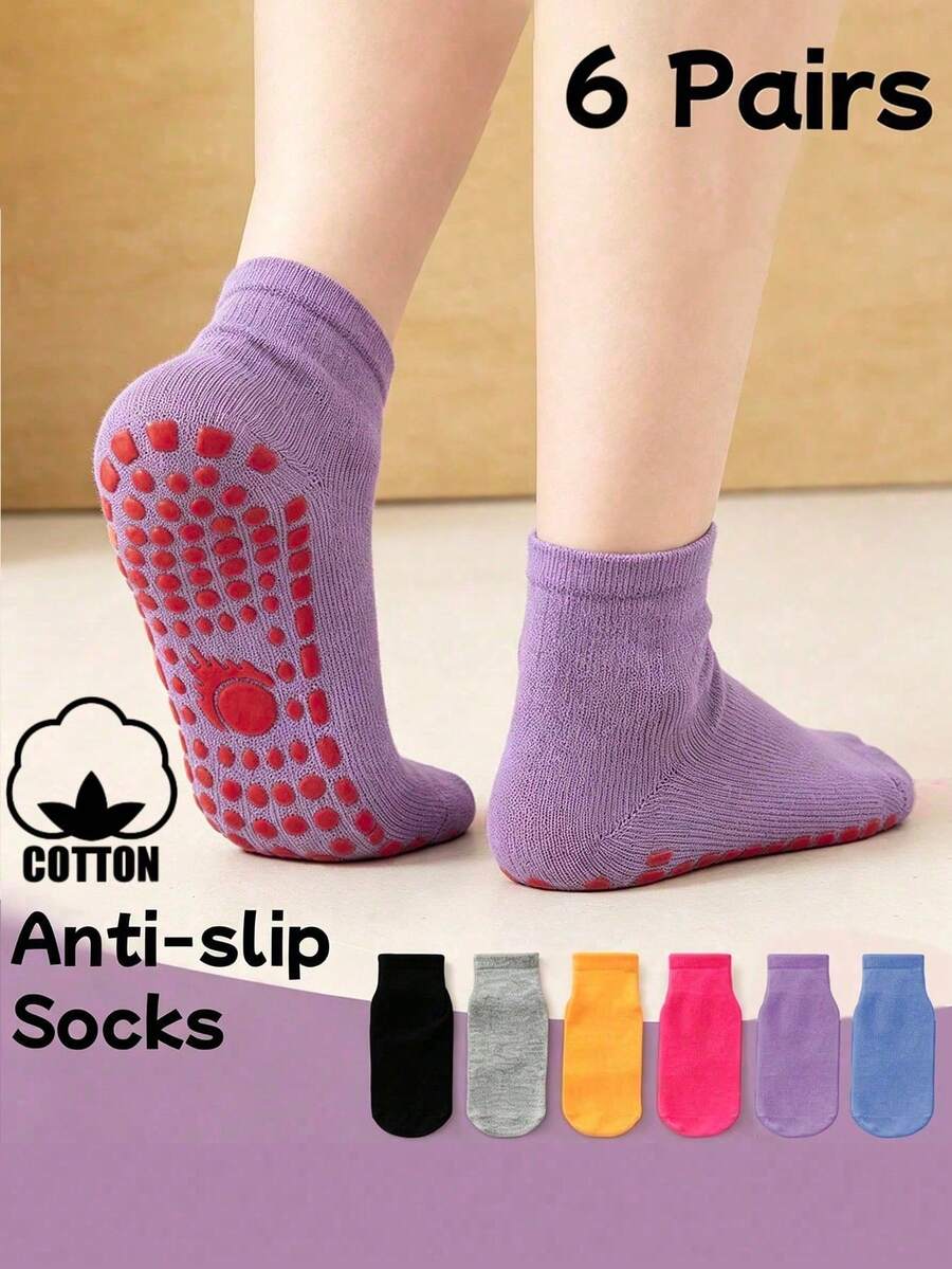 6 Pairs Children's Indoor Floor Socks, Solid Color Cotton Casual Non-Slip Grip Short Socks, Student Socks - Multicolor - View 1
