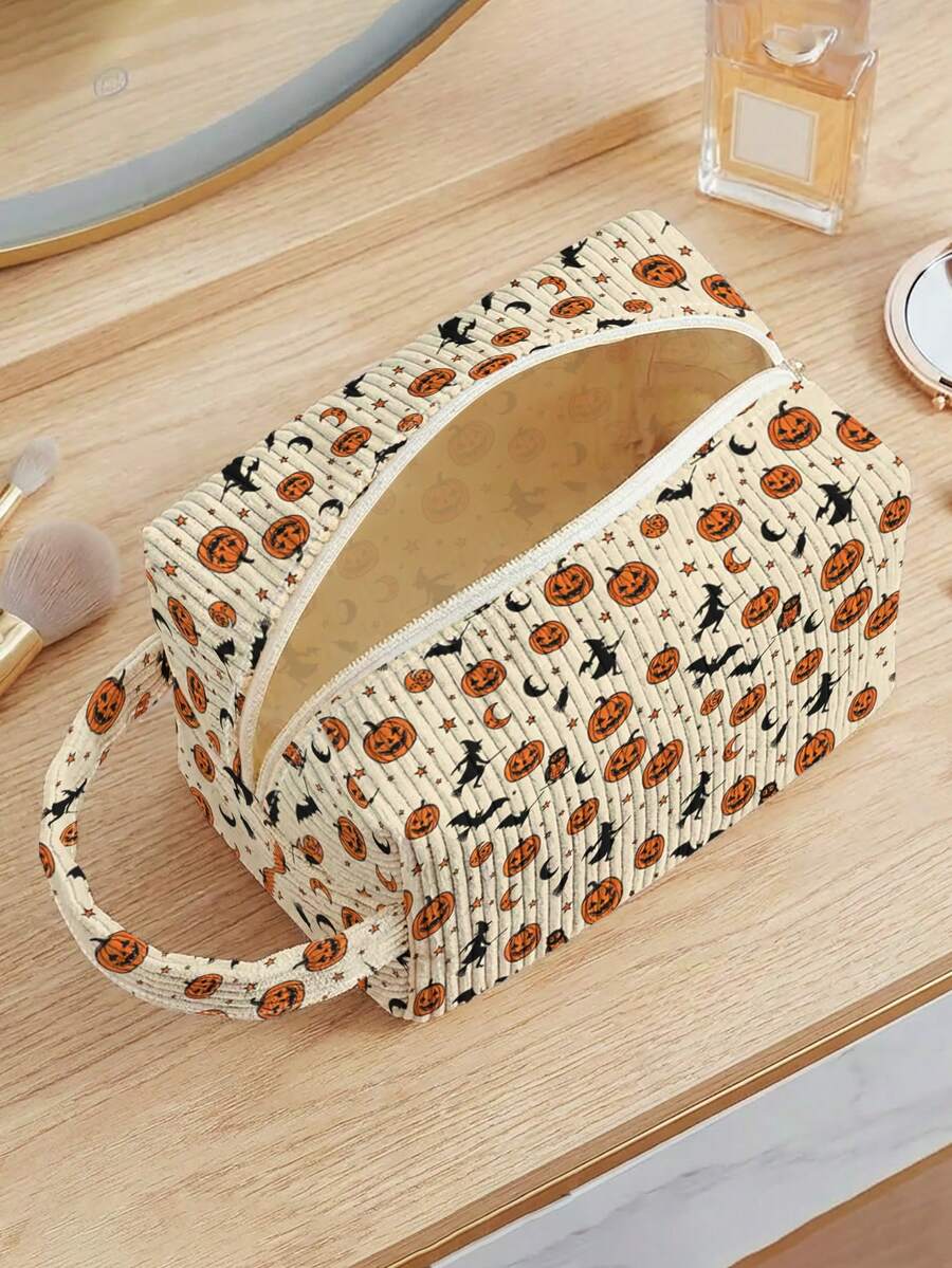 1pc Halloween Jack-O'-Lantern All-Over Print Corduroy Pouch With Handle ,Makeup & Toiletry Bag, Zipper. Durable,Multi-Use For Travel Daily School - Multicolor - View 1