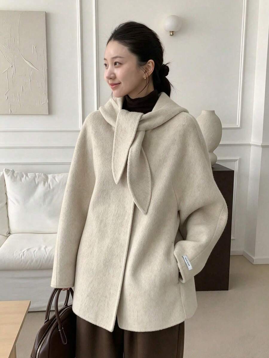 YCYC Korean Style Overcoat Women Gentle Sweet Bowknot Collar Hooded Warm Overcoat - Beige - View 1