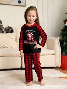 Tween Girl Christmas Pajama Set 2pcs, Contrast Raglan Sleeve Design, Round Neck Blessing Words Santa Claus Gift Print Long Sleeve Top, Red & Black Plaid Pajama Pants, Holiday Loungewear Set, Christmas Gift - Multicolor - View 3