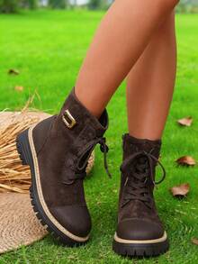 Women's Lace Up Combat Ankle Boots With Zipper And Lug Sole - Brown - View 4