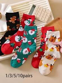 1/3/5/10 Pairs Autumn/Winter Christmas Themed Socks, Unisex, Featuring Santa Claus, Reindeer, Snowman, Gingerbread Man And Other Patterns, Cartoon Style Mid-Calf Socks - Multicolor - View 15