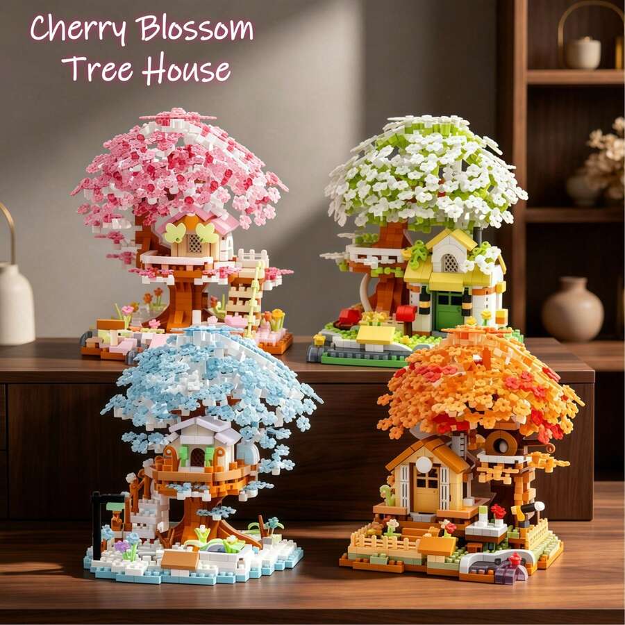 Multi-Color Cherry Blossom Treehouse Series, ABS Material, Building Block Toy Set. Includes: Pink Cherry Blossom Tree, Green Treehouse, Orange Treehouse, Blue Treehouse. Novel Color Combinations, Unique Design. Atmospheric Multi-Scene Decor. Halloween, Christmas, Carnival Party Gift. - Multicolor - View 1