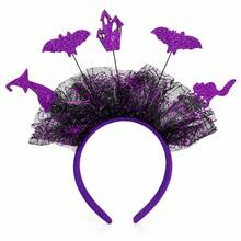Disney Halloween Spooky Headband, Purple Spider Web Tulle Sequin Witch Hat, Bat & Haunted House Decor, Party Costume Hair Accessory - A - View 6