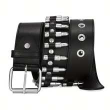 1pc Unisex Black Studded Belts, Punk‑Inspired Design Adorned With Fashionable Stud Embellishments And Multi-Row Eyelet Holes - ZD01 02 - View 14