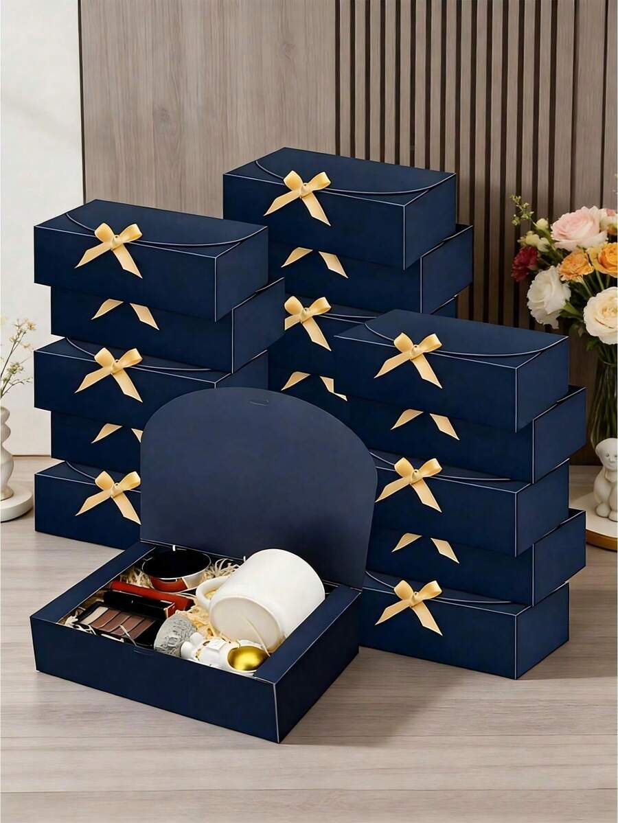 10/20pcs Navy Blue Gift Boxes With Lids, Blue Kraft Paper Gift Boxes, Bridesmaid Proposal Boxes, With Ribbon, For Wedding, Packaging, Gifts, Birthday, Cupcake Boxes, Valentine's Day Gift Boxes - A - View 1
