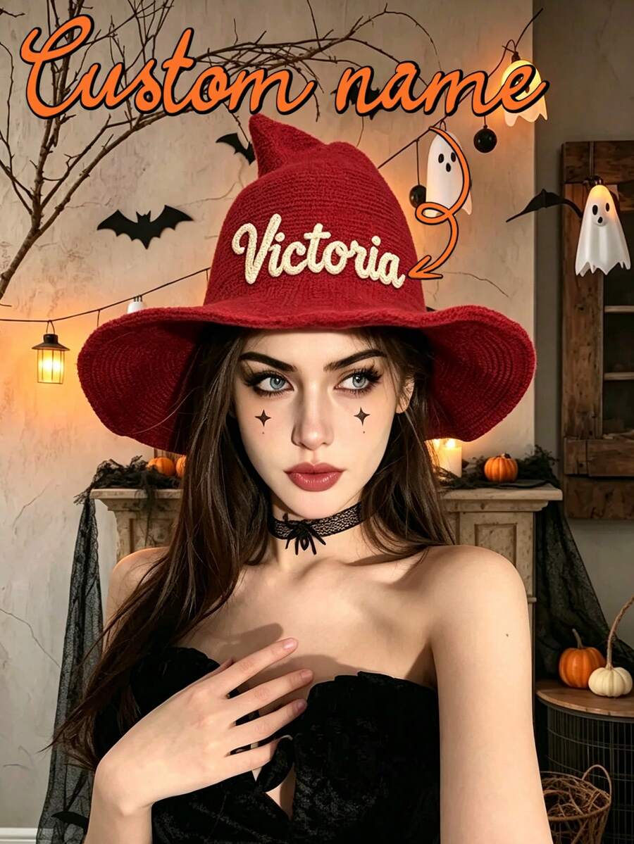 Sombrero de bruja de Halloween personalizado, sombrero de bruja de punto personalizado con decoración de felpa, adecuado para adultos, regalo de Halloween - Sombrero de mago de Halloween - Ver 1