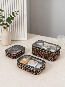 3pcs Leopard Print PU Makeup Bag Set, Transparent Design Toiletry Bag 3 Pieces Set, One Set Meets All Needs, Designed For Daily Use And Carrying - Multicolor - View 4