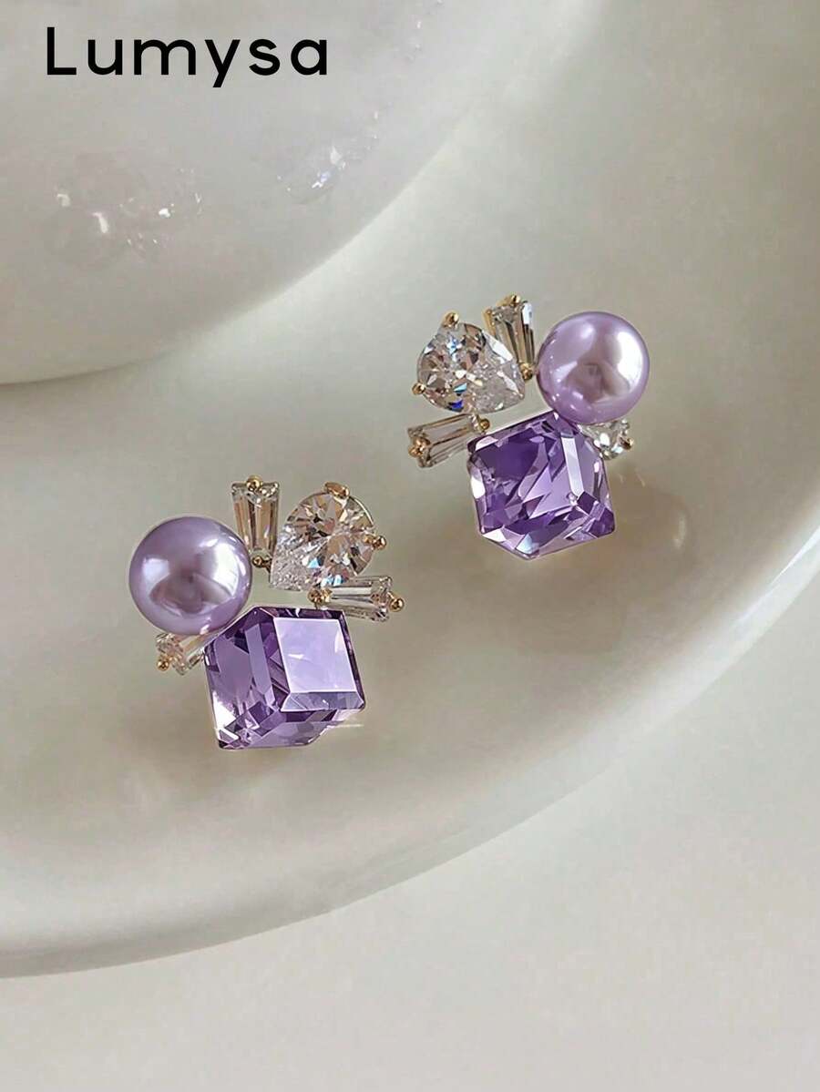 1 Pair French Fashion Faux Pearl Glass Stud Earrings Suitable For Women's Daily Wear, Party And Gathering