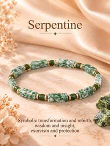 Casual Style 5mm Snake Stone Tube Bead Bracelet, Symbolizing Transformation And Renewal, Wisdom And Insight, Warding Off Evil And Protection, Handmade Elastic Cord Spiritual Jewelry, Suitable For Daily Wear - Green - View 5