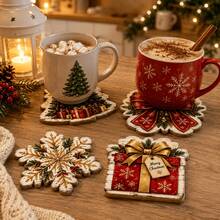 4pcs Christmas Wooden Coaster Set, Christmas Tree Bow Snowflake Gift Box Coasters, Holiday Table Decor And Hanging Decorations, Suitable For Home Kitchen Coffee Table Decor - View 2