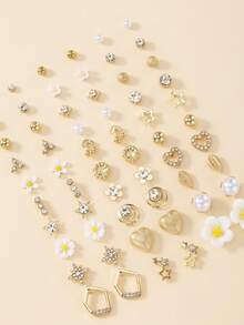 1 Set Of 60pcs Fashion Metal Butterfly Heart Rhinestone Moon Bow Flower Stud Earrings Set Holiday Gift Jewelry Women Can Wear Daily Multi-Piece Set - Yellow Gold - View 5