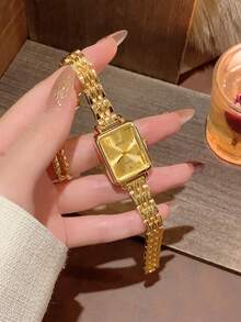 1件女款金色長方形石英手錶－經典金色錶盤配阿拉伯數字；優雅風格，適合日常穿著與辦公服飾 - 金色 - 查看 2