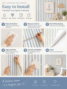 SUPSTICKER Soft Blue & Cream Self-Adhesive Wallpaper, 3 Patterns: Stripes, Plaid & Polka Dots, Suitable For Bedroom, Living Room & Study - 1PC - View 4