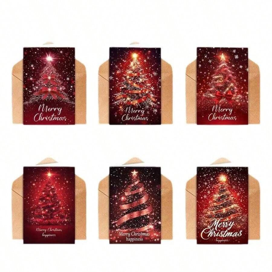 1pc In Stock Red Christmas Tree Greeting Card, New Year Red Greeting Card, Printable Foldable Card, Christmas Gift Packaging - Multicolor - View 1