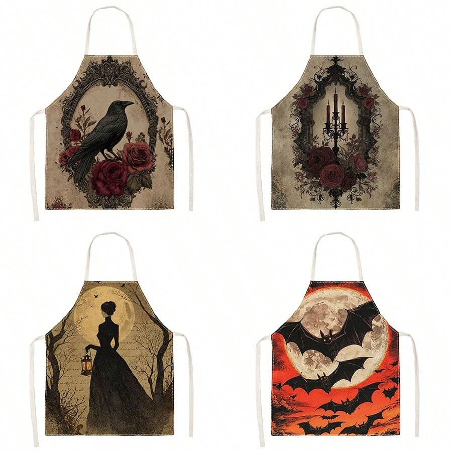 1pc Halloween Vintage Crow & Rose Print Apron - Sleeveless Halter Design, Durable & Comfortable Fit, Featuring Vintage Frame, Crow & Dark Red Rose Pattern, Suitable For Cooking, Baking & Home Cleaning, Household Cleaning, Housework Apron, Hand-Painted Gardening Apron, Fun Holiday Gift - Multicolor - View 1