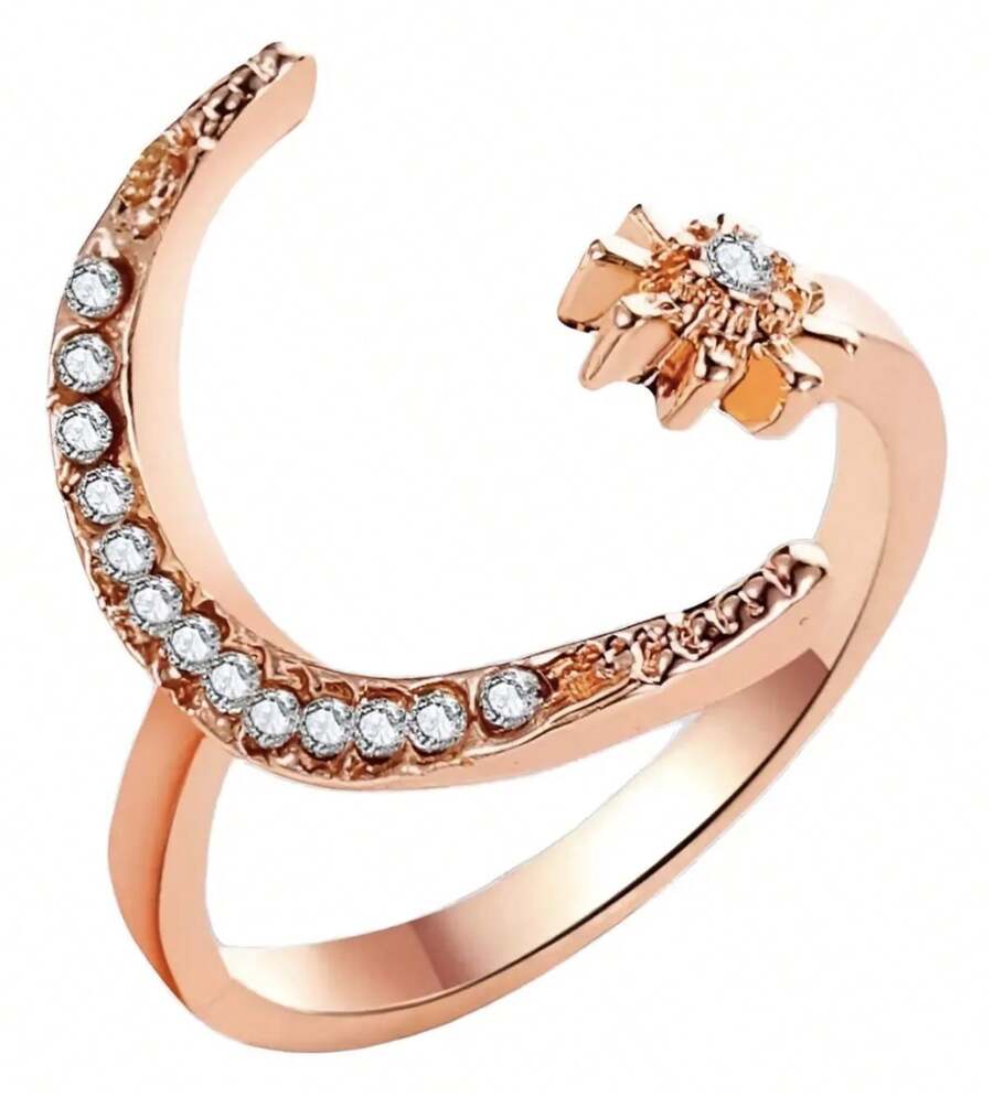 Klaudinni Adjustable Pink Rhinestone Crescent Moon And Star Ring - Gold - View 1
