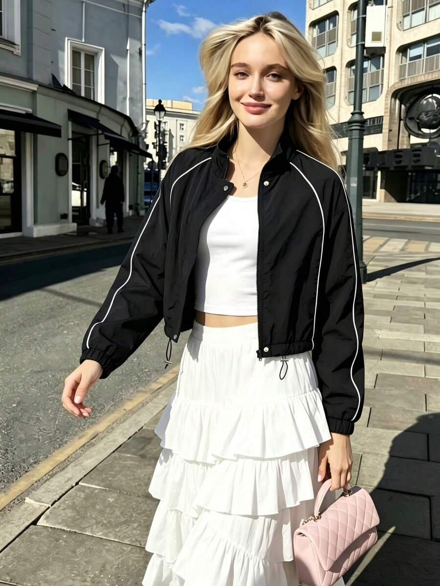 Commuter Casual Colorblock Trim Stand Collar Short Windbreaker Jacket, Autumn Minimalist Outfit, Dropped Shoulder Loose Fit Drawstring Hem American Style Short Jacket, Flight Jacket - Black - View 1