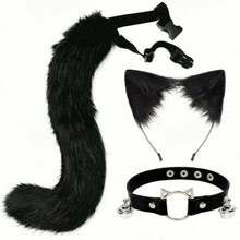 Set Telinga & Ekor Hewan Halloween, Perlengkapan Cosplay untuk Konvensi Anime, Cosplay Telinga Kucing dan Hewan Buas, Set Bando & Ekor Telinga Kucing Buatan Tangan, Aksesori Ekor Rubah Realistis, Set Telinga & Ekor Hewan Anime 2D dengan Kalung Lonceng - Bubuk hitam - View 8